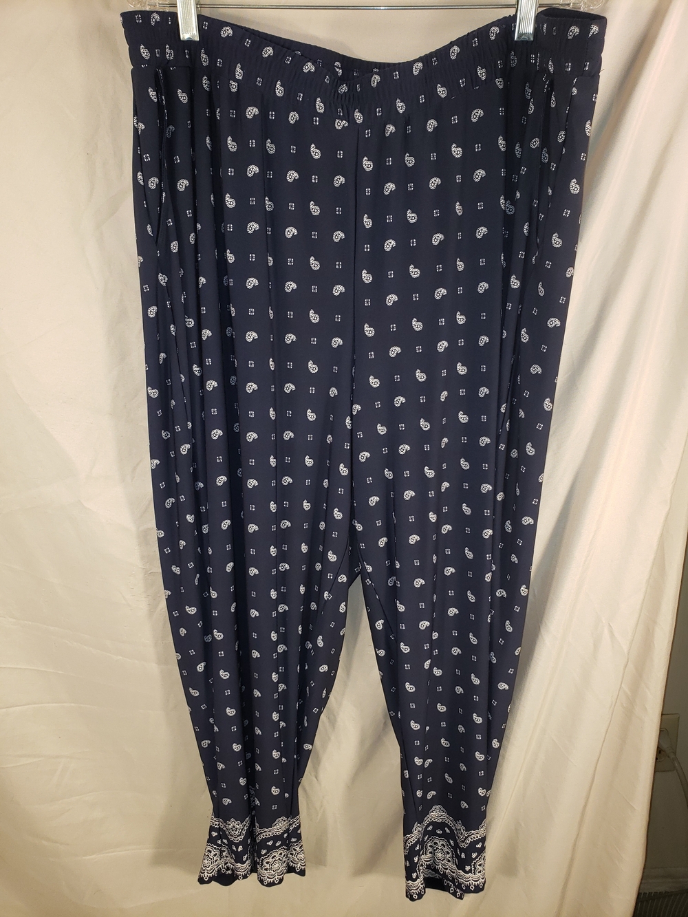 Catherines Navy and White Paisley Print Pull-On Joggers - 2X